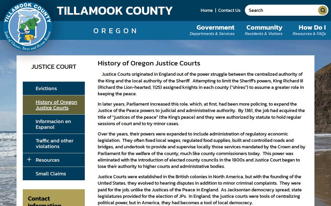 Bay City criminal history and Tillamook County Justice Court history