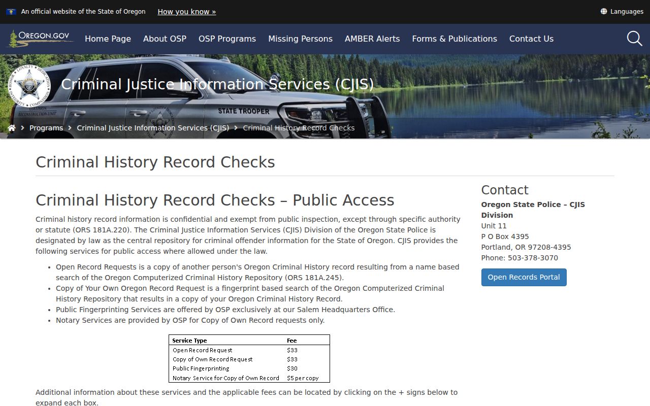 Tillamook County criminal history options on the Oregon State Police CJIS page