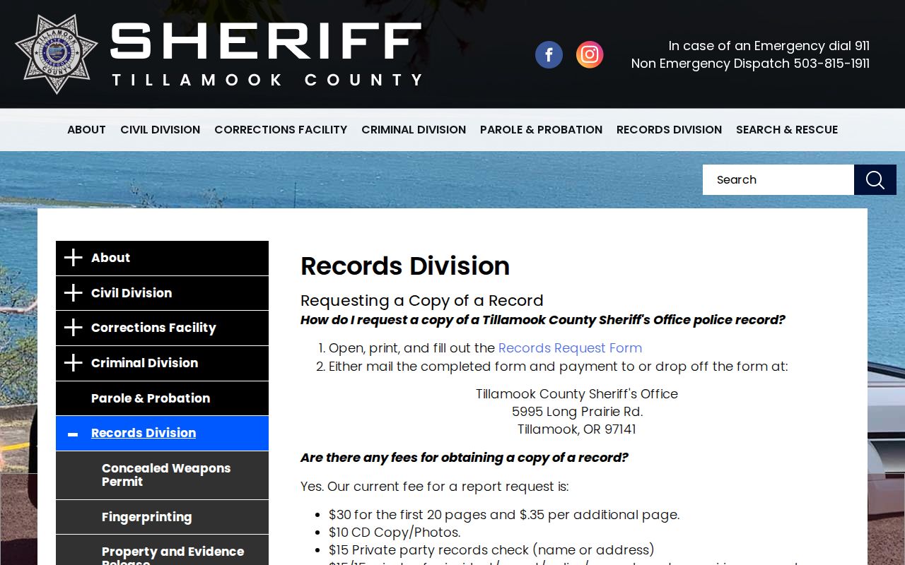Tillamook County criminal records request instructions and fees
