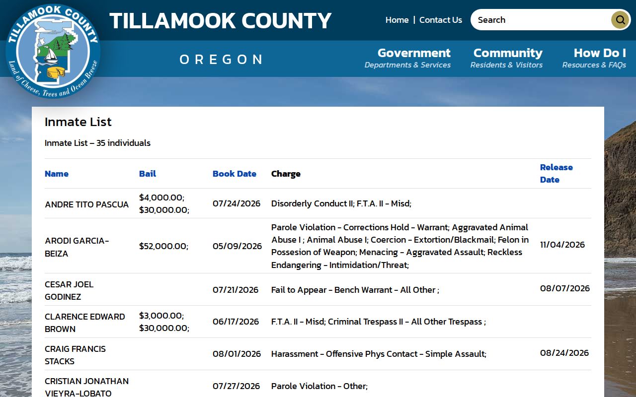 Tillamook County arrest history current inmate roster
