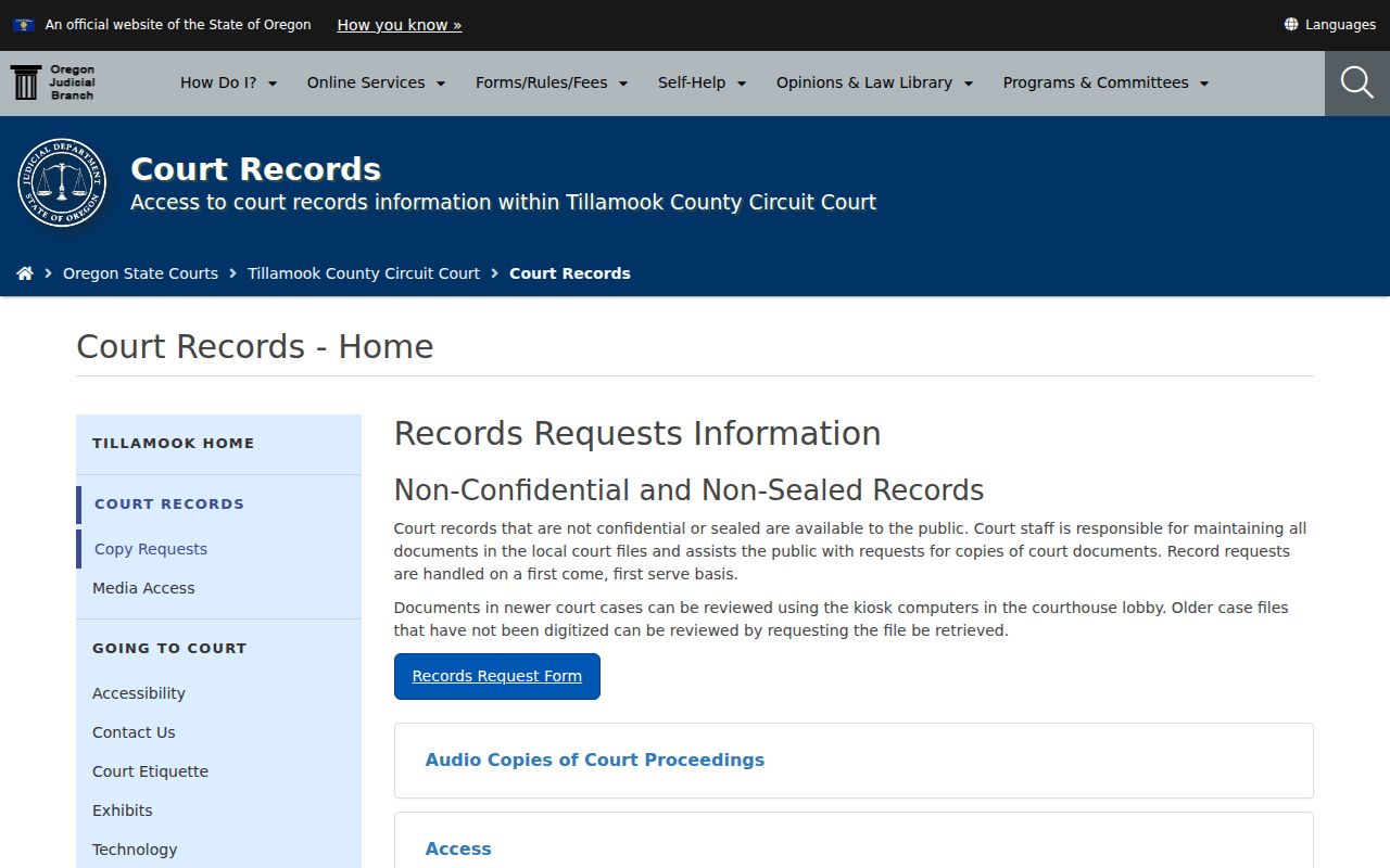 Tillamook County criminal court case records request instructions